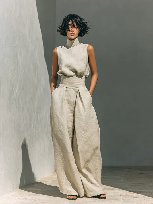 Conjunto minimalista de blusa sin mangas de algodón y lino y pantalones de pierna ancha para mujer
