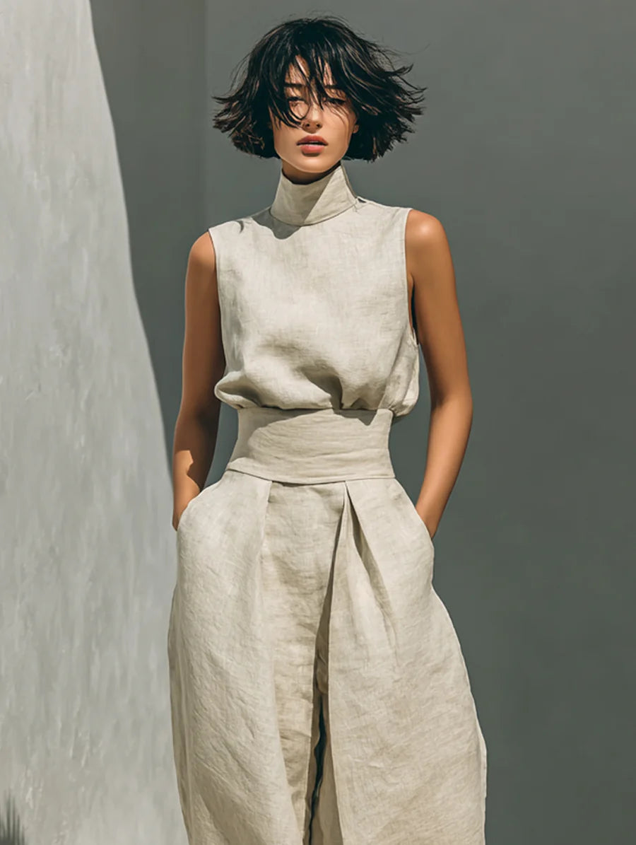 Conjunto minimalista de blusa sin mangas de algodón y lino y pantalones de pierna ancha para mujer