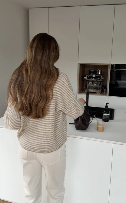 CARDIGAN DE PUNTO A RAYAS CON CREMALLERA CREMA