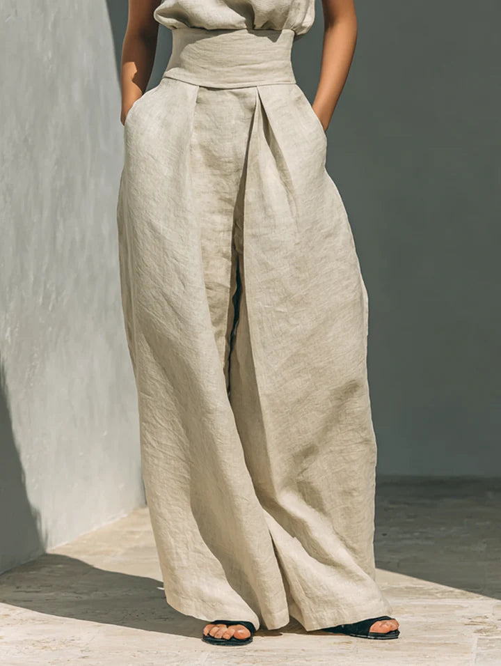 Conjunto minimalista de blusa sin mangas de algodón y lino y pantalones de pierna ancha para mujer