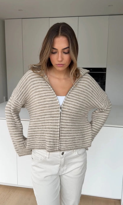CARDIGAN DE PUNTO A RAYAS CON CREMALLERA CREMA