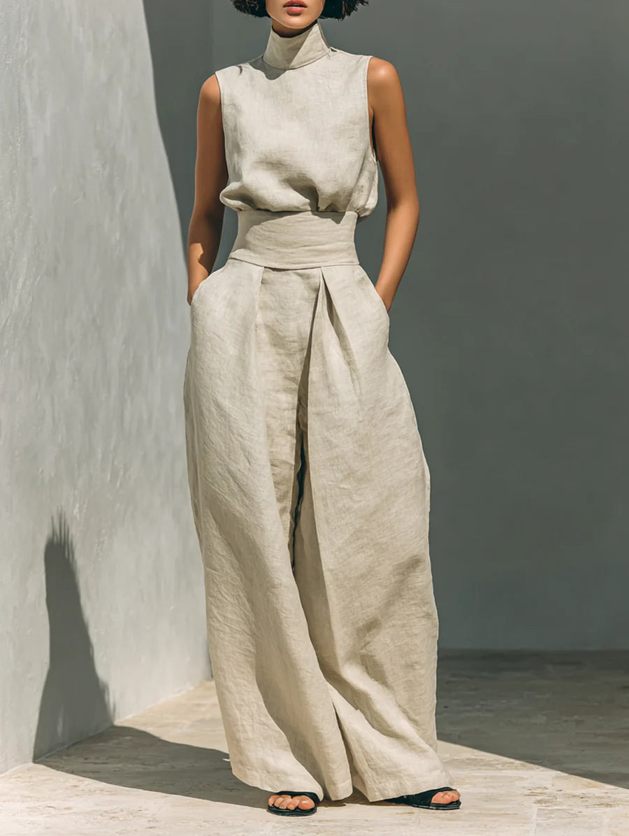 Conjunto minimalista de blusa sin mangas de algodón y lino y pantalones de pierna ancha para mujer