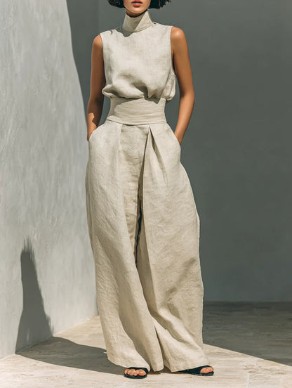 Conjunto minimalista de blusa sin mangas de algodón y lino y pantalones de pierna ancha para mujer