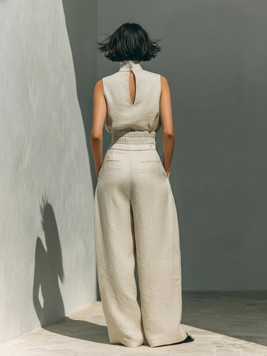 Conjunto minimalista de blusa sin mangas de algodón y lino y pantalones de pierna ancha para mujer