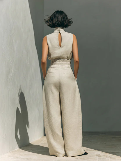 Conjunto minimalista de blusa sin mangas de algodón y lino y pantalones de pierna ancha para mujer