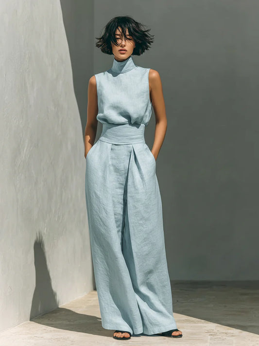 Conjunto minimalista de blusa sin mangas de algodón y lino y pantalones de pierna ancha para mujer