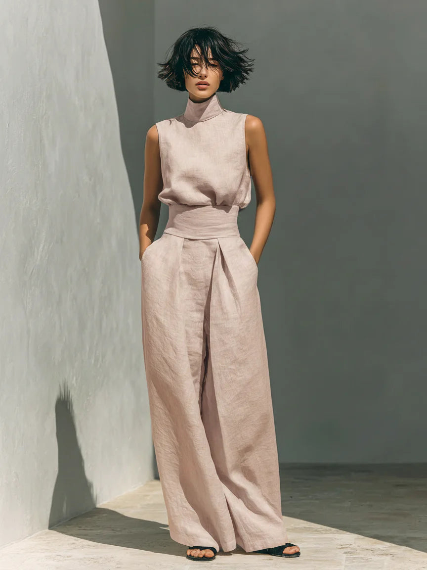 Conjunto minimalista de blusa sin mangas de algodón y lino y pantalones de pierna ancha para mujer