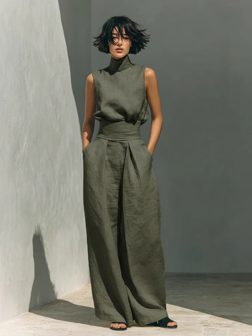 Conjunto minimalista de blusa sin mangas de algodón y lino y pantalones de pierna ancha para mujer