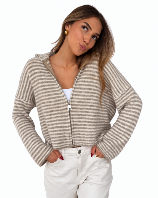 CARDIGAN DE PUNTO A RAYAS CON CREMALLERA CREMA